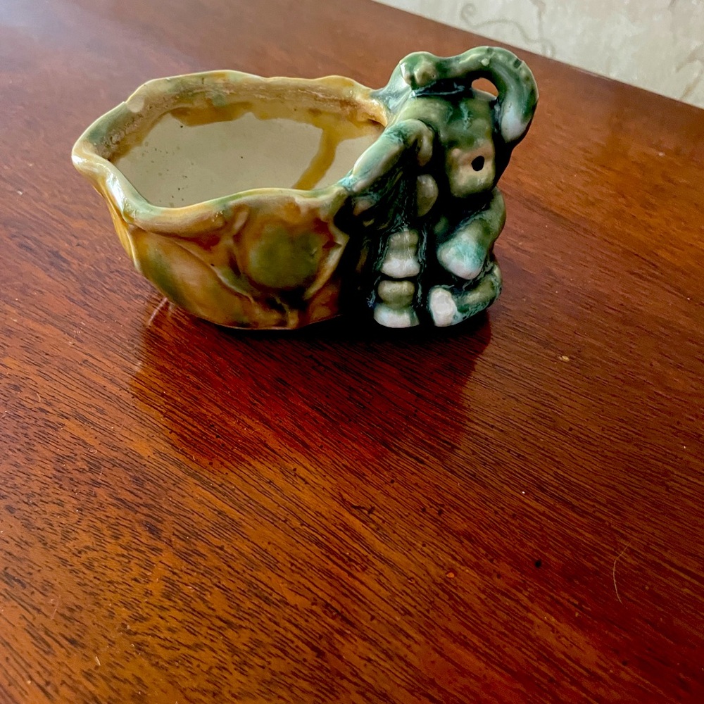 Vintage Elephant Bamboo Ceramic dish Green Trunk Up